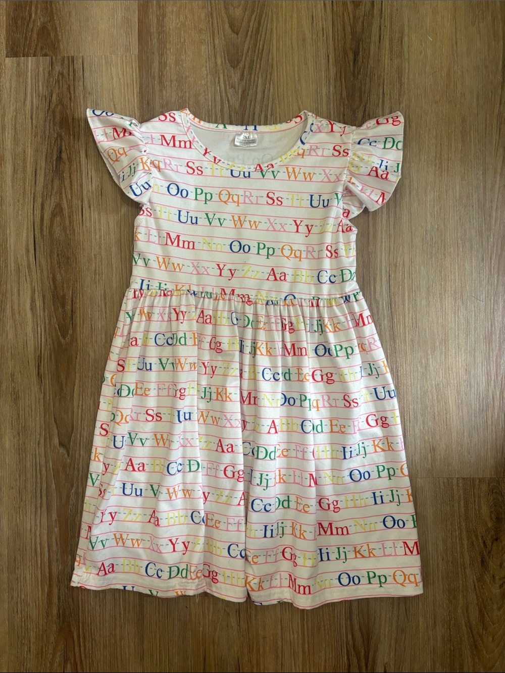 Girls' Alphabet Print Flutter Sleeve Dress - White with Rainbow Letters